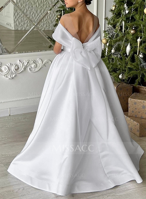 A-Line Illusion Neck Sleeveless Satin Flower Girl Dresses With Bow(s)