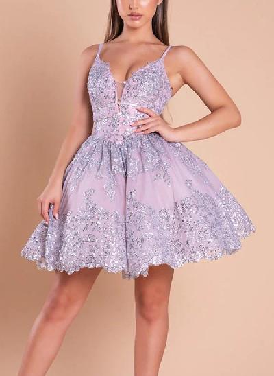 Ball-Gown V-Neck Sleeveless Short/Mini Lace/Tulle Homecoming Dresses