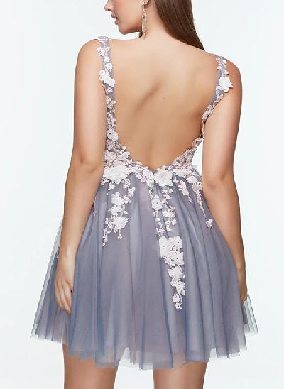 A-Line V-Neck Sleeveless Short/Mini Lace/Tulle Homecoming Dresses
