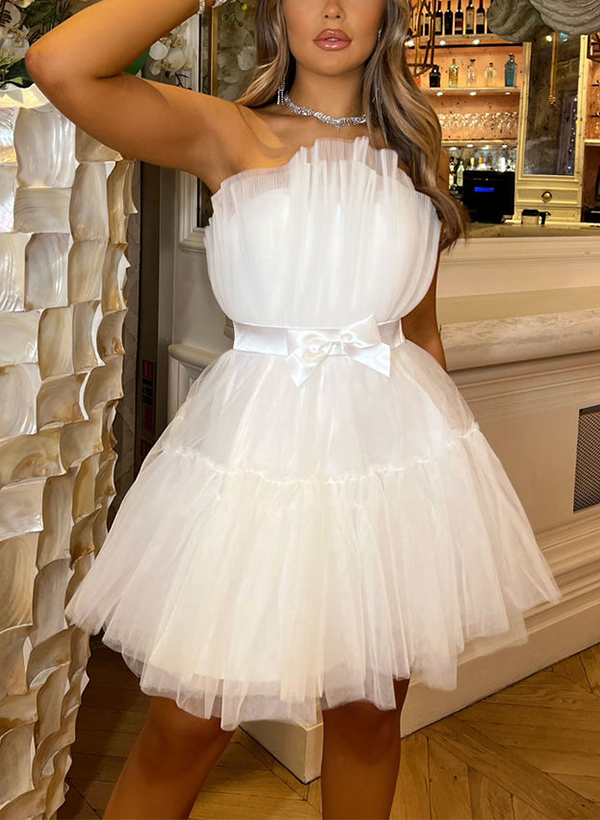 A-Line Strapless Sleeveless Short/Mini Tulle Homecoming Dresses