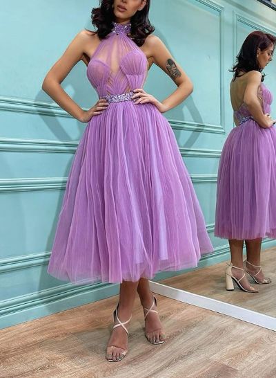 Halter Beading A-Line Tulle Homecoming Dresses With Open Back