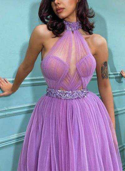 Halter Beading A-Line Tulle Homecoming Dresses With Open Back