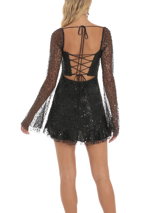 A-Line Square Neckline Long Sleeves Short/Mini Sequined Homecoming Dresses
