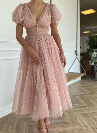 Sparkly Tulle V-Neck Tea-Length Homecoming Dresses