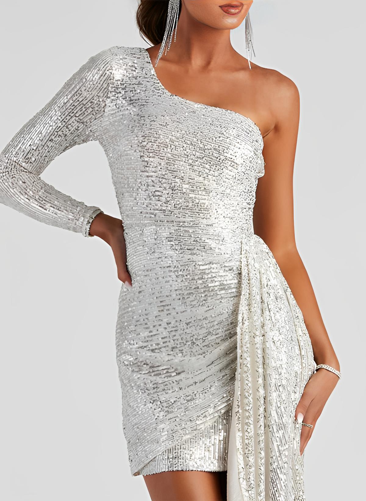 One-Shoulder Long Sleeves Short/Mini Sequined Homecoming Dresses