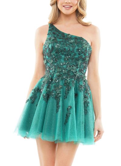 A-Line One-Shoulder Sleeveless Short/Mini Lace/Tulle Homecoming Dresses
