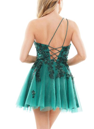 A-Line One-Shoulder Sleeveless Short/Mini Lace/Tulle Homecoming Dresses
