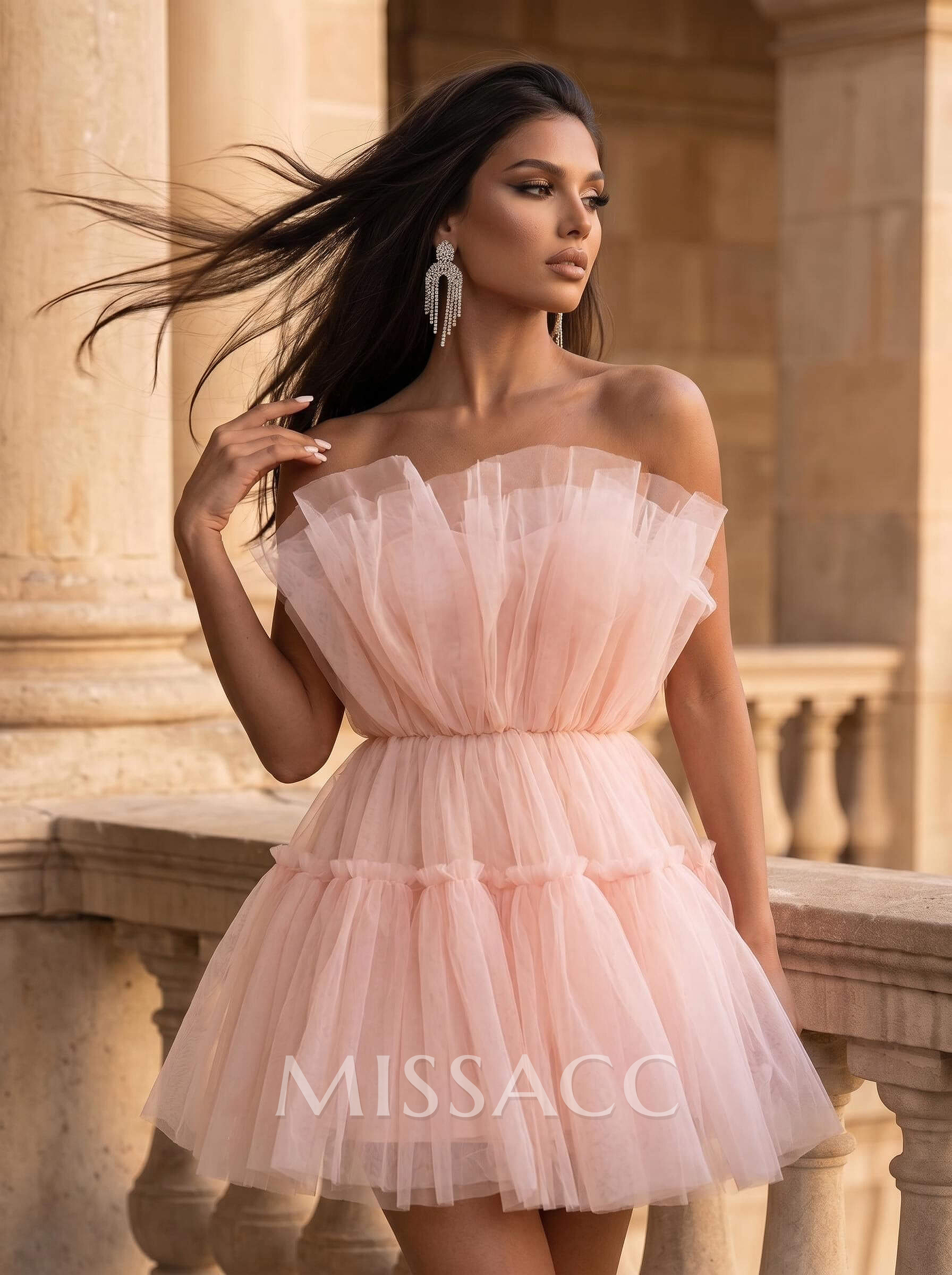 A-Line Strapless Sleeveless Short/Mini Tulle Homecoming Dresses