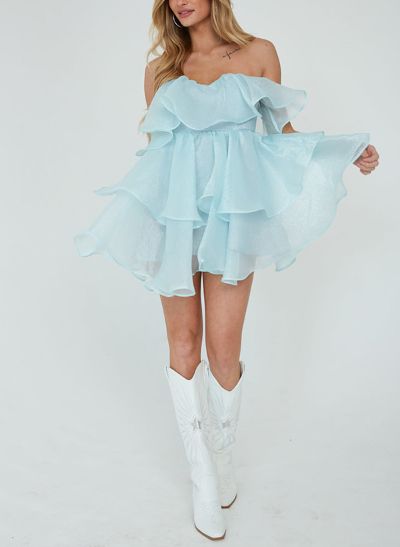 A-Line Strapless Sleeveless Short/Mini Tulle Homecoming Dresses