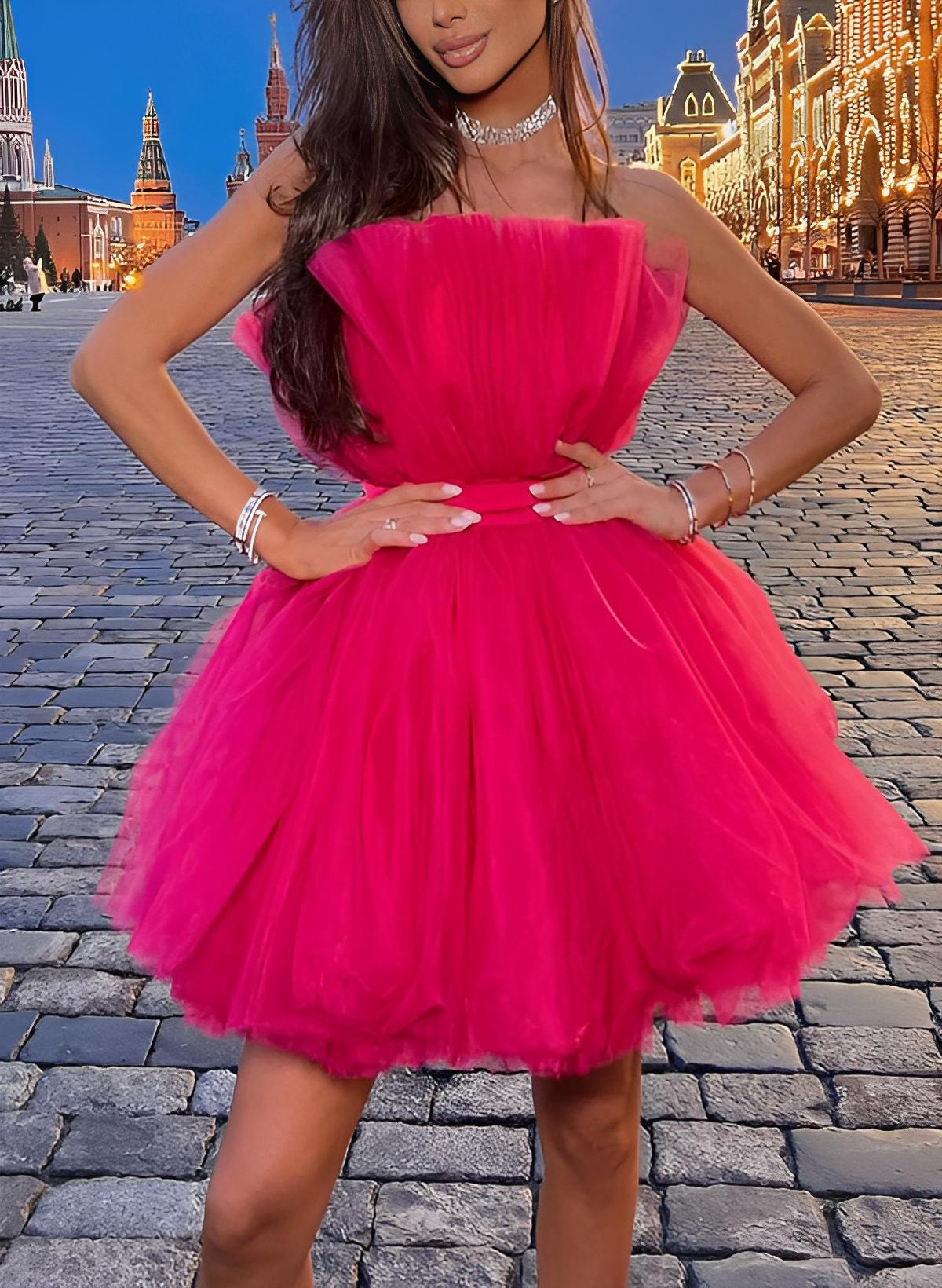 Barbie Pink A-Line Sleeveless Short/Mini Tulle Homecoming Dresses