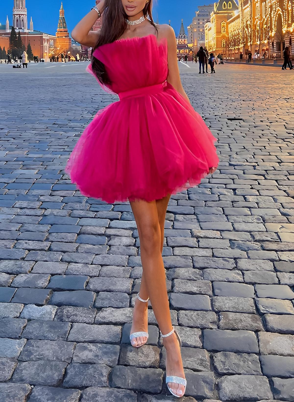 Barbie Pink A-Line Sleeveless Short/Mini Tulle Homecoming Dresses