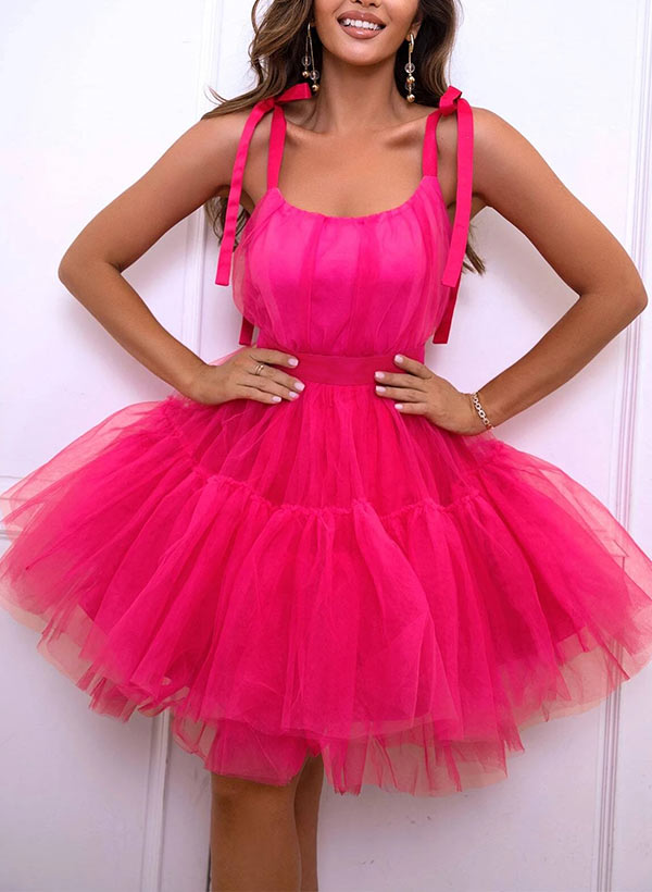 A-Line Scoop Neck Sleeveless Short/Mini Tulle Homecoming Dresses