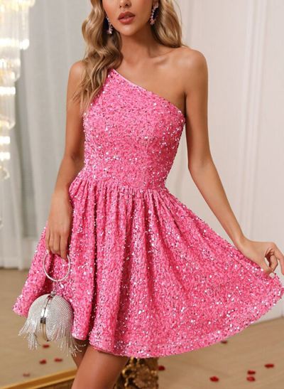 A-Line One-Shoulder Sleeveless Short/Mini Sequined Homecoming Dresses