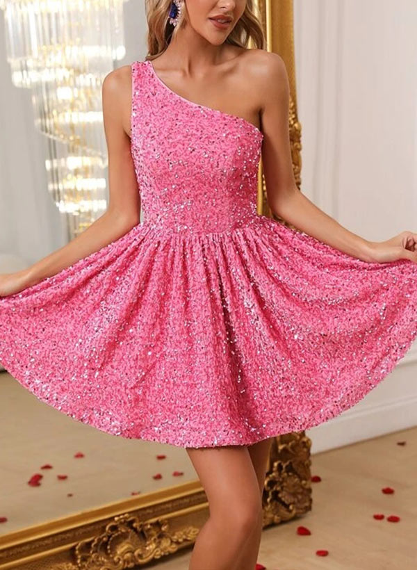 A-Line One-Shoulder Sleeveless Short/Mini Sequined Homecoming Dresses