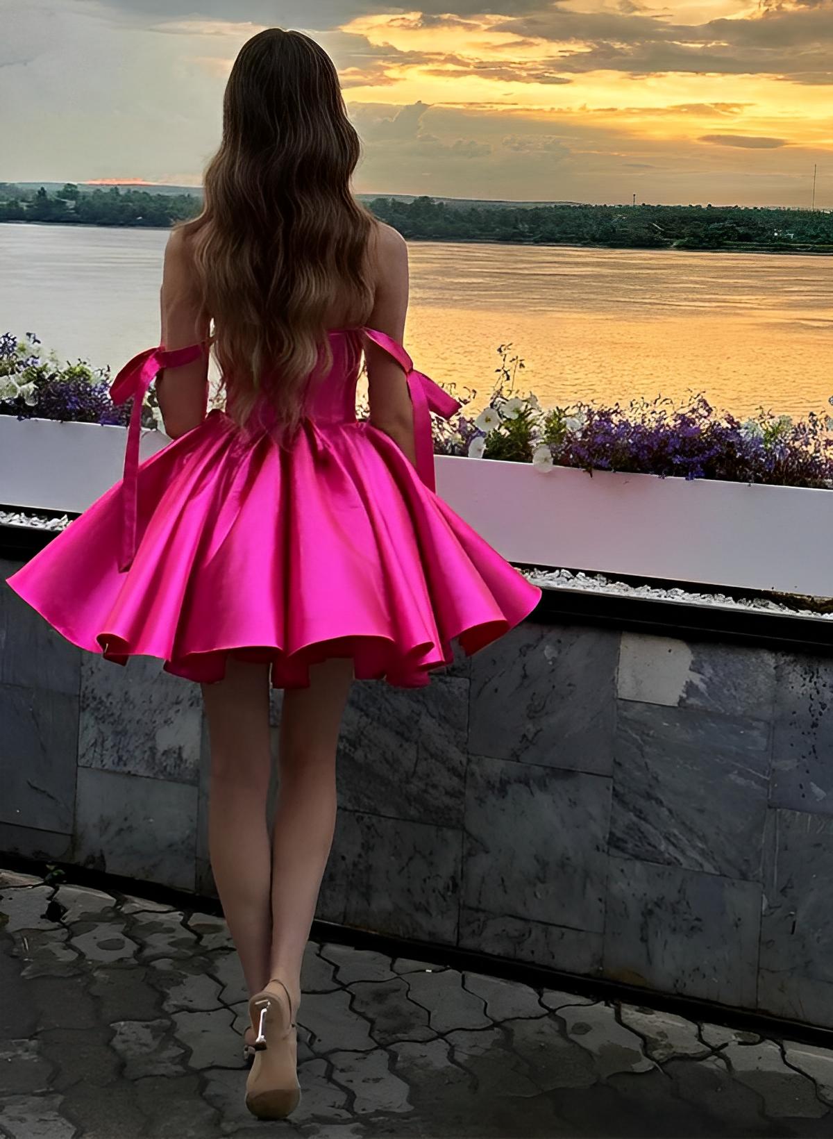 Hot Pink Sweetheart Berbie Sleeveless Short/Mini Satin Homecoming Dresses