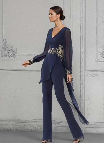 Jumpsuit/Pantsuit V-Neck Long Sleeves Chiffon Mother Of The Bride Dresses