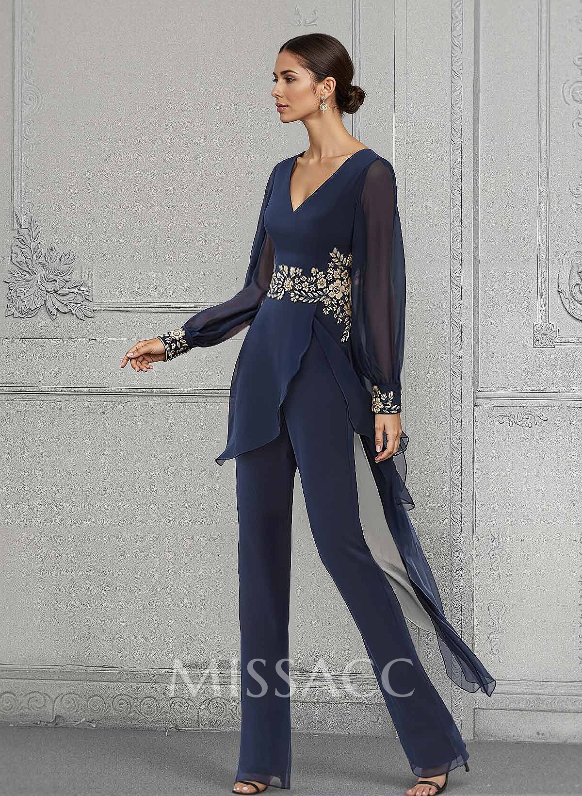 Jumpsuit/Pantsuit V-Neck Long Sleeves Chiffon Mother Of The Bride Dresses Jumpsuit/Pantsuit V-Neck Long Sleeves Chiffon Mother Of The Bride Dresses