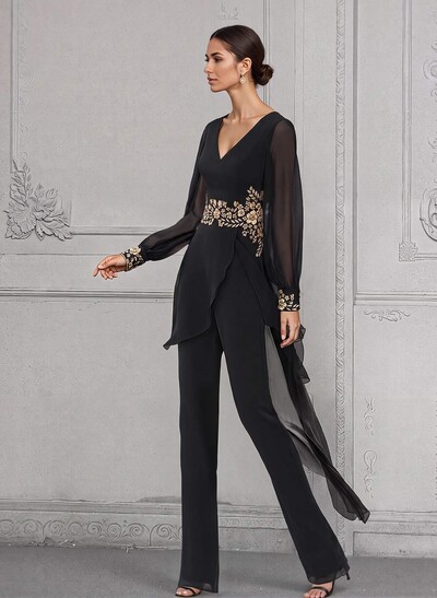 Jumpsuit/Pantsuit V-Neck Long Sleeves Chiffon Mother Of The Bride Dresses