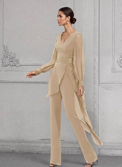 Jumpsuit/Pantsuit V-Neck Long Sleeves Chiffon Mother Of The Bride Dresses