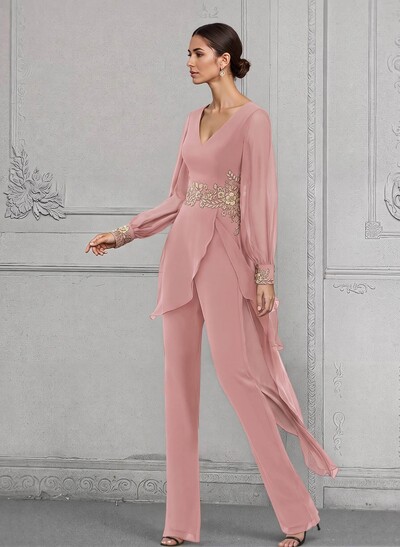 Jumpsuit/Pantsuit V-Neck Long Sleeves Chiffon Mother Of The Bride Dresses