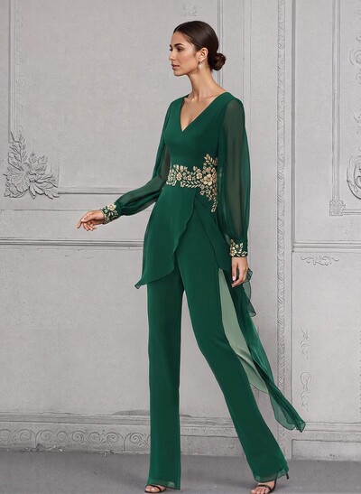 Jumpsuit/Pantsuit V-Neck Long Sleeves Chiffon Mother Of The Bride Dresses