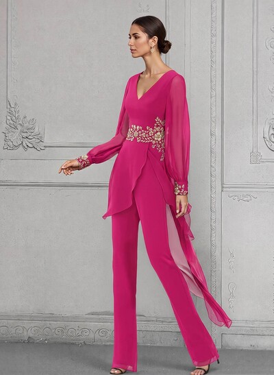 Jumpsuit/Pantsuit V-Neck Long Sleeves Chiffon Mother Of The Bride Dresses