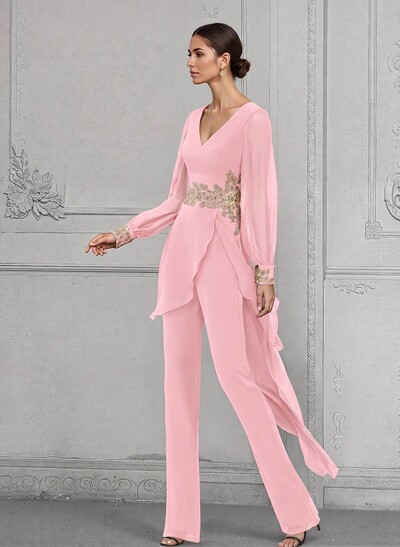 Jumpsuit/Pantsuit V-Neck Long Sleeves Chiffon Mother Of The Bride Dresses