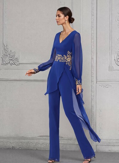 Jumpsuit/Pantsuit V-Neck Long Sleeves Chiffon Mother Of The Bride Dresses