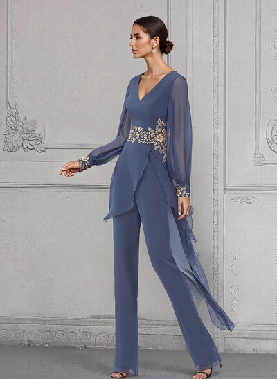 Jumpsuit/Pantsuit V-Neck Long Sleeves Chiffon Mother Of The Bride Dresses