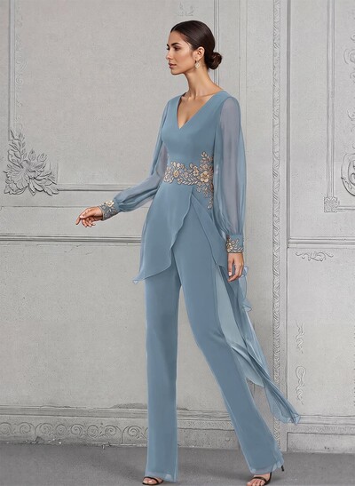 Jumpsuit/Pantsuit V-Neck Long Sleeves Chiffon Mother Of The Bride Dresses