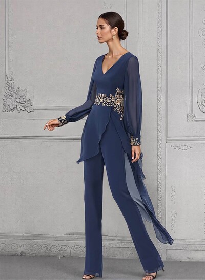 Jumpsuit/Pantsuit V-Neck Long Sleeves Chiffon Mother Of The Bride Dresses