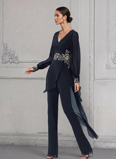 Jumpsuit/Pantsuit V-Neck Long Sleeves Chiffon Mother Of The Bride Dresses