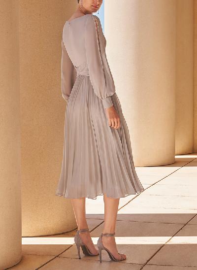 A-Line V-Neck Long Sleeves Tea-Length Chiffon Cocktail Dresses
