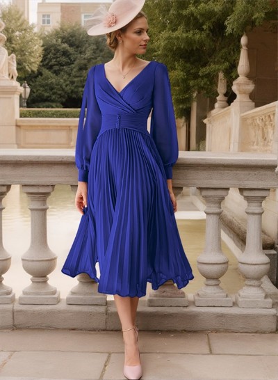 A-Line V-Neck Long Sleeves Tea-Length Chiffon Mother Of The Bride Dresses