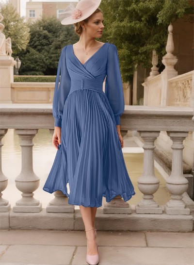 A-Line V-Neck Long Sleeves Tea-Length Chiffon Mother Of The Bride Dresses