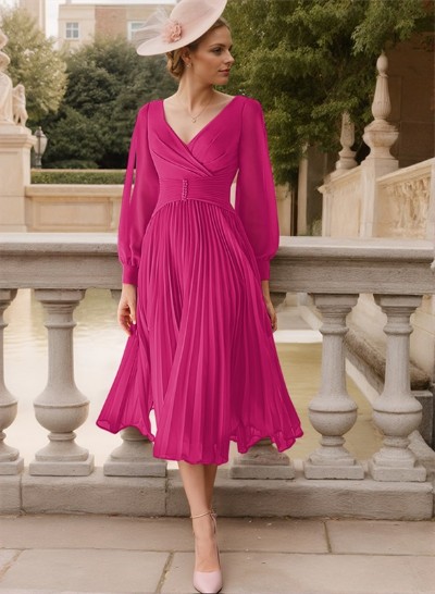 A-Line V-Neck Long Sleeves Tea-Length Chiffon Mother Of The Bride Dresses