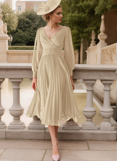 A-Line V-Neck Long Sleeves Tea-Length Chiffon Mother Of The Bride Dresses