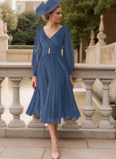 A-Line V-Neck Long Sleeves Tea-Length Chiffon Mother Of The Bride Dresses