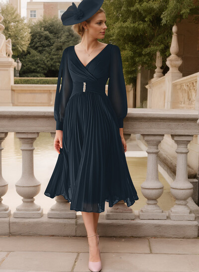 A-Line V-Neck Long Sleeves Tea-Length Chiffon Mother Of The Bride Dresses