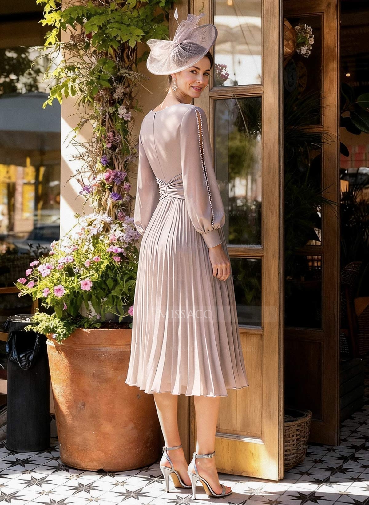 A-Line V-Neck Long Sleeves Tea-Length Chiffon Mother Of The Bride Dresses