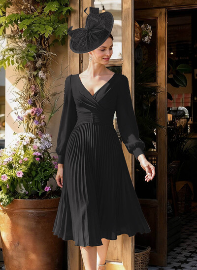 A-Line V-Neck Long Sleeves Tea-Length Chiffon Mother Of The Bride Dresses