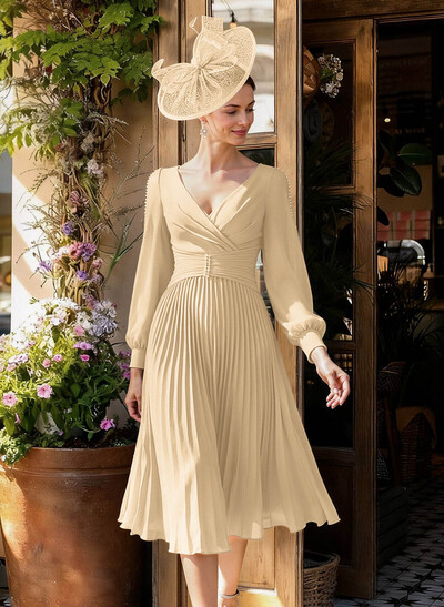 A-Line V-Neck Long Sleeves Tea-Length Chiffon Mother Of The Bride Dresses
