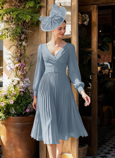 A-Line V-Neck Long Sleeves Tea-Length Chiffon Mother Of The Bride Dresses