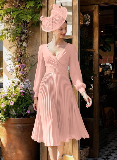 A-Line V-Neck Long Sleeves Tea-Length Chiffon Mother Of The Bride Dresses