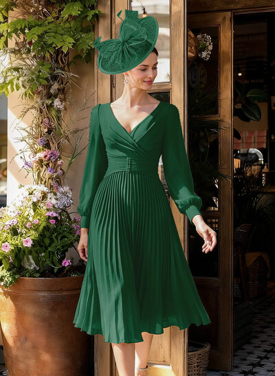 A-Line V-Neck Long Sleeves Tea-Length Chiffon Mother Of The Bride Dresses