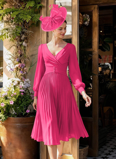 A-Line V-Neck Long Sleeves Tea-Length Chiffon Mother Of The Bride Dresses
