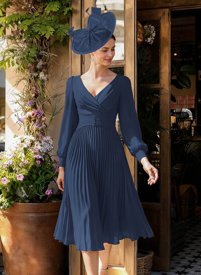 A-Line V-Neck Long Sleeves Tea-Length Chiffon Mother Of The Bride Dresses