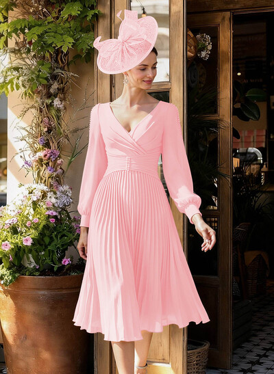 A-Line V-Neck Long Sleeves Tea-Length Chiffon Mother Of The Bride Dresses