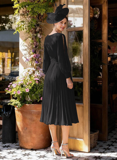 A-Line V-Neck Long Sleeves Tea-Length Chiffon Mother Of The Bride Dresses