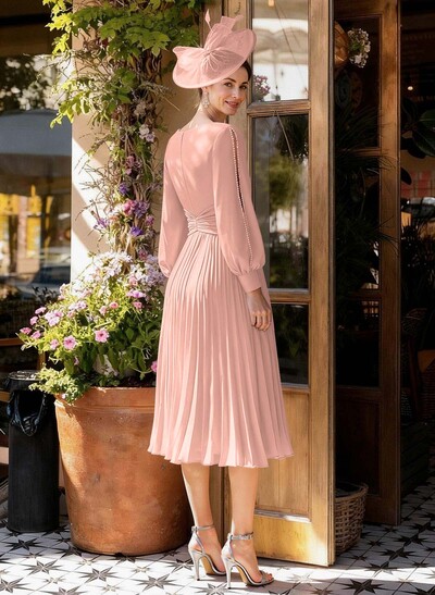 A-Line V-Neck Long Sleeves Tea-Length Chiffon Mother Of The Bride Dresses